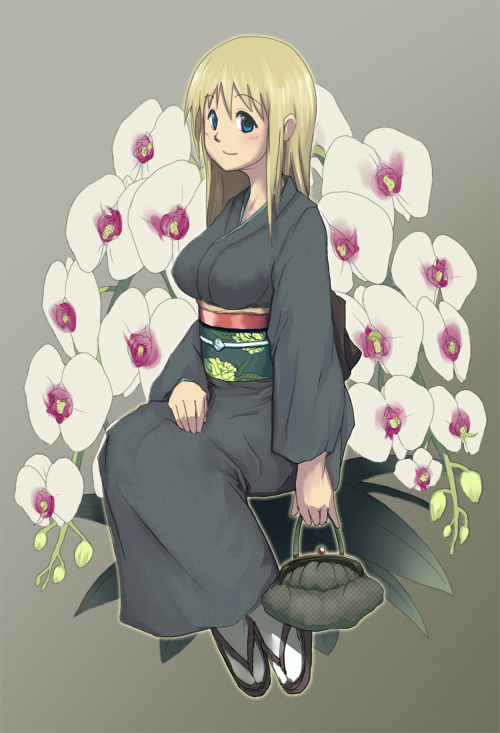 kuro (pixiv122395), xxkuroxx, ana coppola, ichigo mashimaro, bad id, bad pixiv id, 1girl, aged up, bag, blonde hair, breasts, female focus, floral background, flower, full body, grey background, handbag, japanese clothes, kimono, obi, sandals, sash, sitting, solo, tabi, yukata