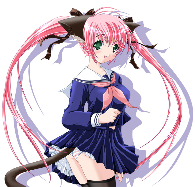 non-web source, animal ears, cat ears, cat tail, green eyes, long hair, panties, pantyshot, pink hair, school uniform, serafuku, solo, tail, thighhighs, twintails, underwear
