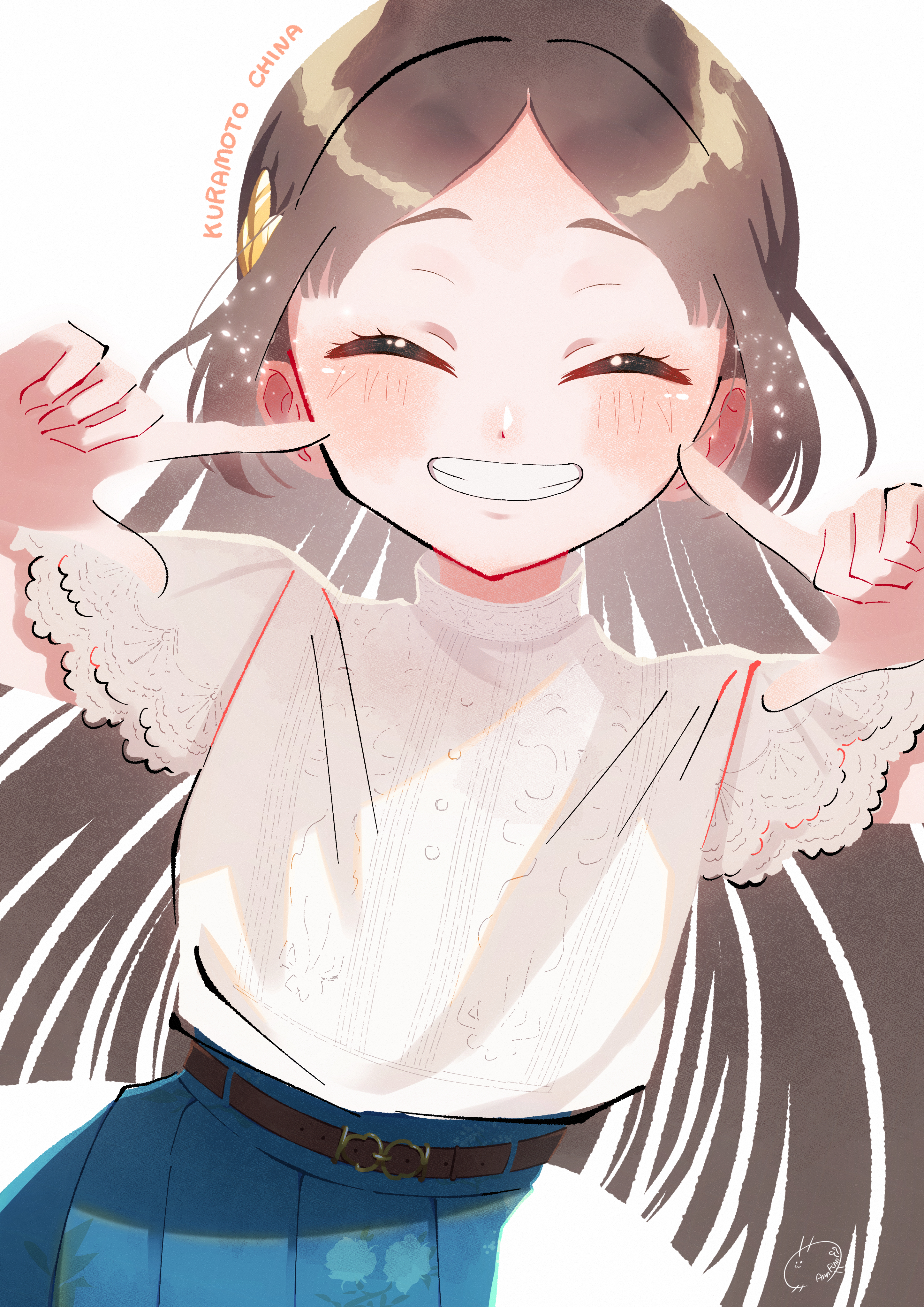 annrnn97, kuramoto china, gakuen idolmaster, idolmaster, absurdres, highres, 1girl, ^ ^, aqua skirt, belt, blunt ends, blush, character name, closed eyes, facing viewer, fingers to cheeks, grin, layered sleeves, long hair, parted bangs, shirt, simple background, skirt, smile, solo, straight hair, very long hair, white background, white shirt
