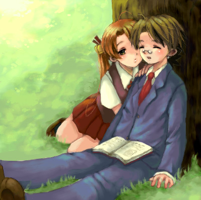 kagurazaka asuna, negi springfield, mahou sensei negima!, lowres, 00s, 1boy, 1girl, ahoge, blazer, blonde hair, blush, book, glasses, grass, hair ornament, hand on another's shoulder, hetero, imminent kiss, jacket, long hair, long sleeves, necktie, on ground, open book, orange hair, outdoors, pants, parted bangs, pince-nez, plant, pleated skirt, red necktie, red skirt, school uniform, shirt, short hair, short sleeves, sitting, skirt, sleeping, teenage girl and younger boy, tree, under tree, vest, white shirt, yokozuwari