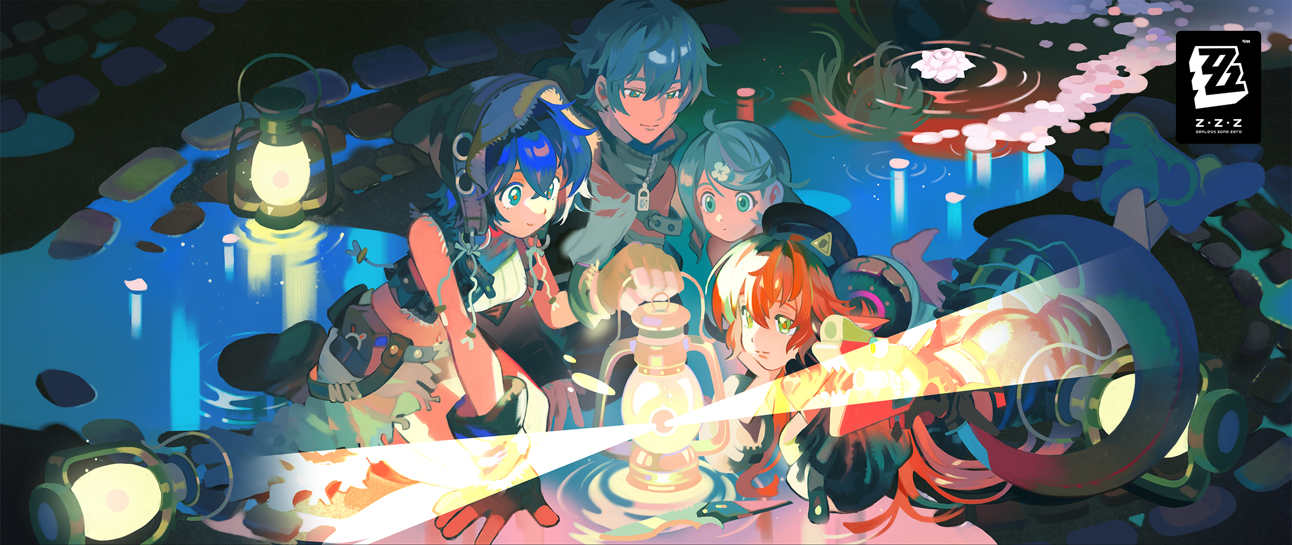 belle (zenless zone zero), isolde (zenless zone zero), magus (zenless zone zero), orphie magnusson, seed (zenless zone zero), wise (zenless zone zero), zenless zone zero, highres, official art, 1boy, 4girls, aqua eyes, barefoot, black gloves, black hat, blue hair, boots, fingerless gloves, flower, gloves, green eyes, grey hair, hair flower, hair ornament, hat, hood, horns, lantern, long hair, lying, multiple girls, on stomach, orange hair, pointy ears, puddle, reflection, seiza, short hair, sitting, tail