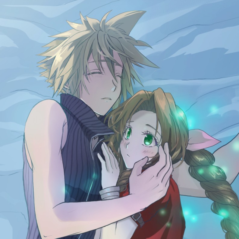 yahokichi ma, aerith gainsborough, cloud strife, final fantasy, final fantasy vii, final fantasy vii advent children, 1boy, 1girl, bangle, bare shoulders, bed sheet, black vest, blonde hair, bracelet, braid, braided ponytail, closed eyes, couple, doll, green eyes, hair between eyes, hair ribbon, hand in another's hair, hand on another's chest, hetero, jacket, jewelry, lifestream, light blush, parted bangs, parted lips, pink ribbon, popped collar, red jacket, ribbon, short hair, short sleeves, sidelocks, single braid, sleeping, spiked hair, upper body, vest