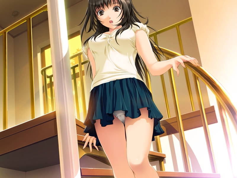 ichikawa saasha, misawa otoha, biniku no kaori, game cg, non-web source, 1girl, black eyes, black hair, female focus, from below, long hair, panties, pantyshot, solo, stairs, underwear