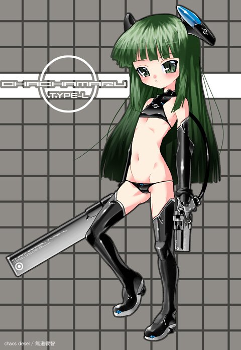 mudou eichi, karakuri chachamaru, mahou sensei negima!, 00s, boots, elbow gloves, flat chest, gloves, green eyes, green hair, gun, handgun, karakuri chachamaru (compact), long hair, panties, revolver, robot ears, solo, thigh boots, thighhighs, underwear, weapon