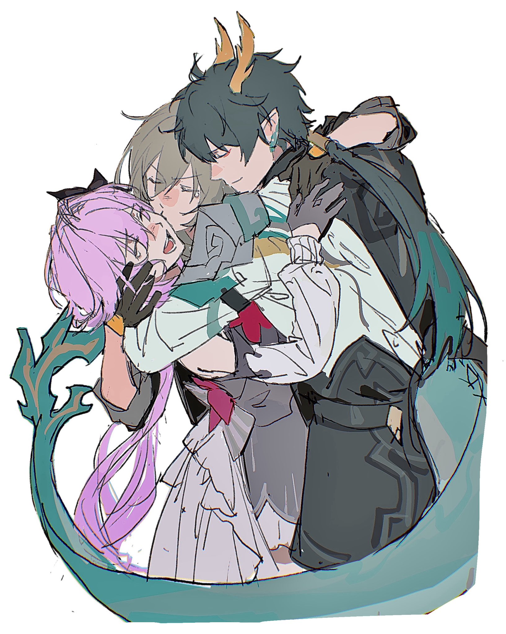 yarr, dan heng (honkai: star rail), dan heng (permansor terrae) (honkai: star rail), evernight (honkai: star rail), march 7th (honkai: star rail), stelle (honkai: star rail), trailblazer (honkai: star rail), honkai: star rail, honkai (series), highres, 1boy, 2girls, ahoge, bisexual female, black gloves, black hair, dragon horns, dragon tail, dress, earrings, eyeliner, flower, gloves, grey hair, hadanugi dousa, hair flower, hair ornament, horns, hug, jewelry, kiss, kissing cheek, laughing, long hair, long sleeves, low ponytail, makeup, multiple girls, open kimono, pink hair, pointy ears, ponytail, red eyeliner, single bare shoulder, single earring, tail, tears, very long hair, white background