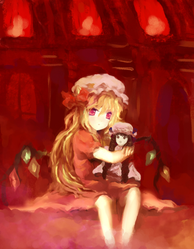 akn, flandre scarlet, patchouli knowledge, embodiment of scarlet devil, touhou, bad id, bad pixiv id, 1girl, blonde hair, bow, character doll, doll, dress, female focus, hair ribbon, hat, indoors, long hair, mob cap, red theme, ribbon, side ponytail, solo, wings