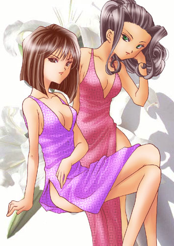 sirotuka lambda, kanzaki sumire, soletta orihime, sakura taisen, sakura taisen ii, sega, lowres, 00s, 2girls, black hair, breasts, brown eyes, brown hair, cleavage, dress, green eyes, long hair, medium breasts, mole, mole under eye, multiple girls, short hair