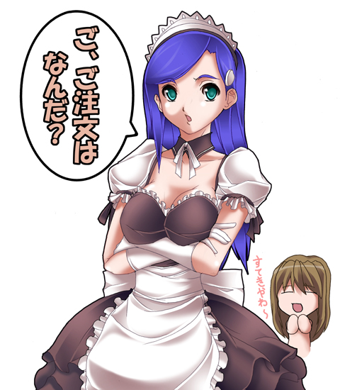 fujino shizuru, kuga natsuki, my-hime, translated, 00s, 2girls, alternate costume, apron, blue hair, breasts, cleavage, crossed arms, gloves, green eyes, hair ornament, hairclip, long hair, maid, maid apron, medium breasts, multiple girls, waist apron, waitress