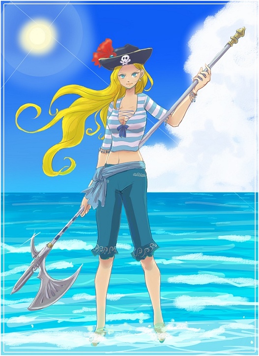 yuimaru, glycine bleumer, sakura taisen, sakura taisen iii, 00s, 1girl, axe, barefoot, blonde hair, blue eyes, breasts, capri pants, cleavage, halberd, hat, long hair, midriff, ocean, pants, pirate, polearm, water, weapon