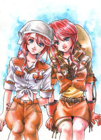 sirotuka lambda, gemini sunrise, geminin sunrise, sakura taisen, sakura taisen v, lowres, 00s, 1girl, bandana, blue eyes, boots, cowboy, cowboy boots, cowboy hat, cowboy western, dual persona, freckles, fringe trim, gloves, hat, long hair, midriff, red hair, skirt