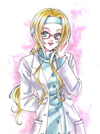 sirotuka lambda, diana caprice, sakura taisen, sakura taisen v, lowres, 00s, blonde hair, blue eyes, braid, glasses, headband, lab coat, long hair, single braid, smile