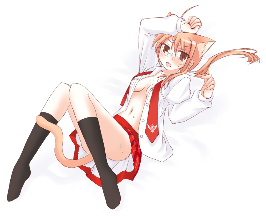 yuuma (omaeno meinichi), hasegawa chisame, mahou sensei negima!, 00s, 1girl, animal ears, blush, breasts, cat ears, cat tail, cleavage, female focus, glasses, in heat, long hair, medium breasts, necktie, open clothes, open shirt, plaid clothes, plaid skirt, ponytail, shirt, skirt, solo, tail