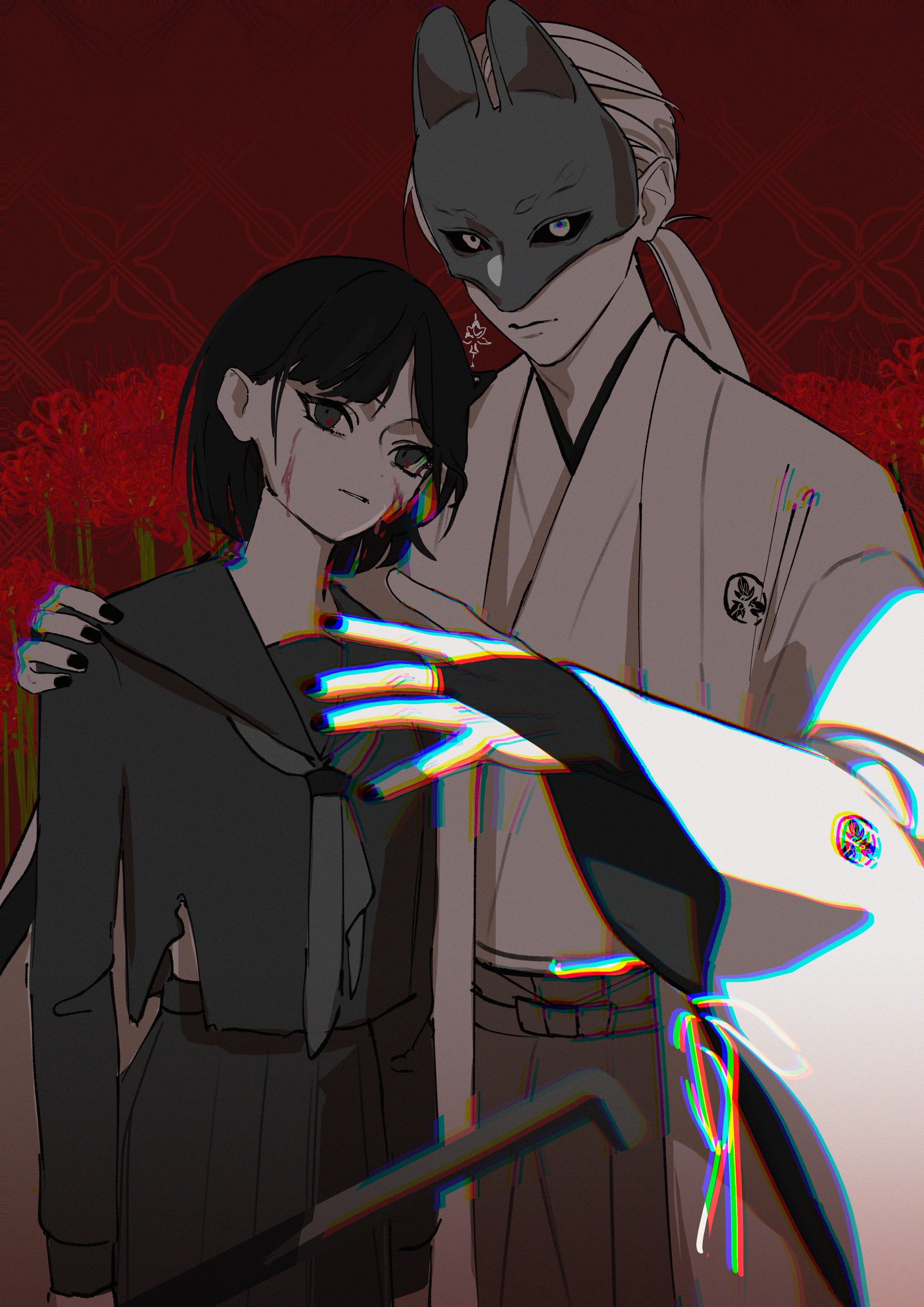 raimei naru, fox mask (silent hill), shimizu hinako, silent hill (series), silent hill f, absurdres, highres, 1boy, 1girl, arm around shoulder, black hair, black nails, black sailor collar, black sclera, black serafuku, black shirt, black skirt, blood, blood on face, bridal gauntlets, colored sclera, cowboy shot, flower, fox mask, green eyes, grey neckerchief, holding, holding lead pipe, japanese clothes, lead pipe, long hair, low ponytail, mask, midriff peek, nail polish, neckerchief, pleated skirt, ponytail, red flower, robe, sailor collar, school uniform, serafuku, shirt, short hair, skirt, spider lily, torn clothes, torn shirt, white background, white robe