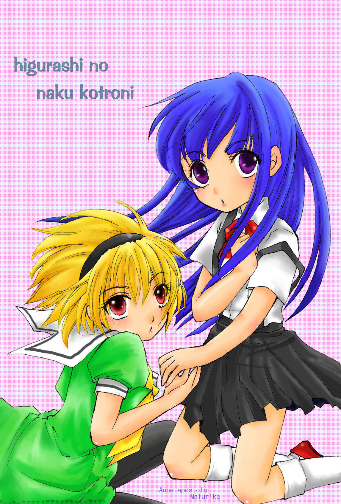 furude rika, houjou satoko, higurashi no naku koro ni, highres, 00s, blonde hair, blue hair, dress, gingham, long hair, pantyhose, purple eyes, red eyes, sailor dress, school uniform, serafuku, short hair, socks