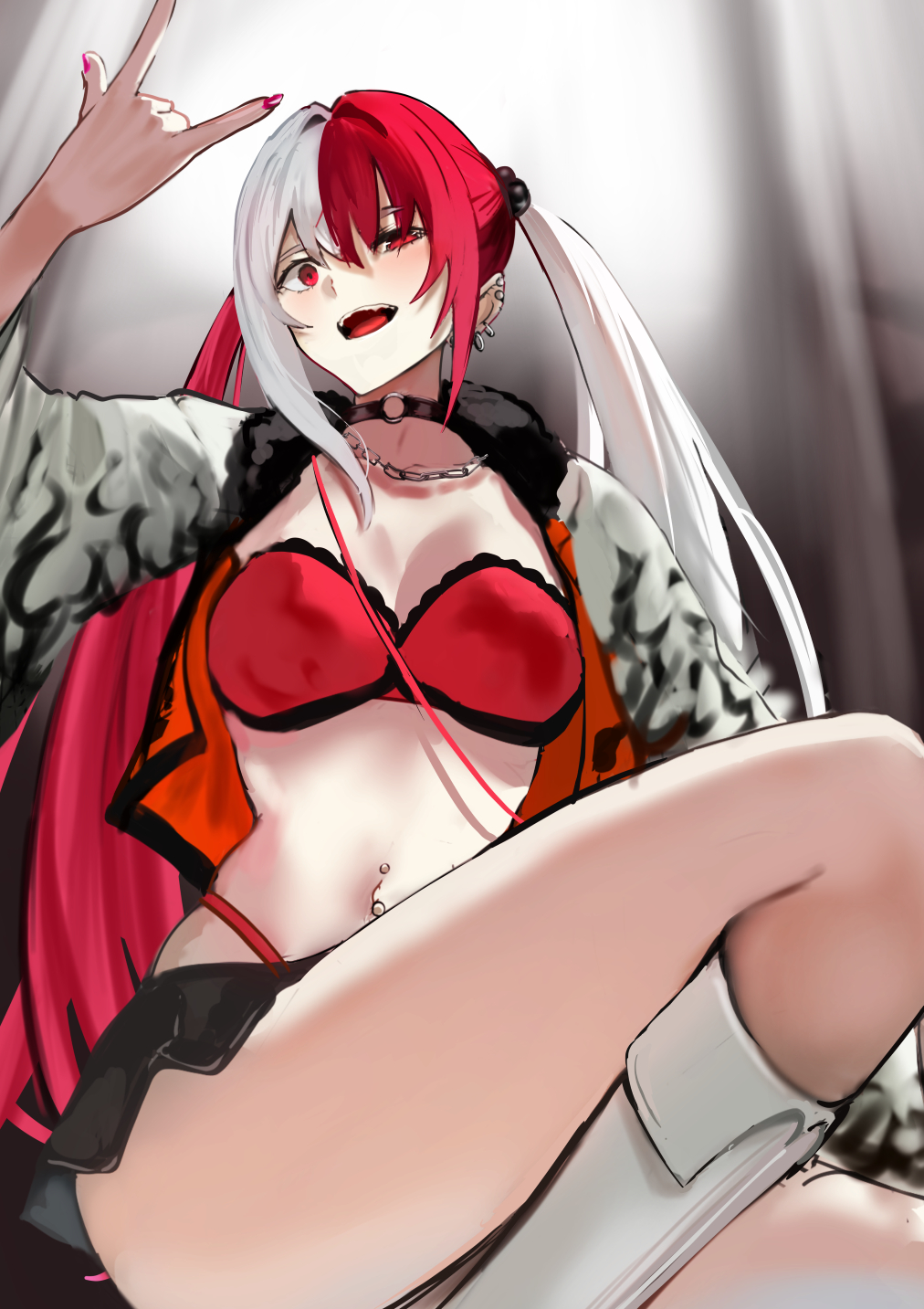 jikihatiman, matsunaga hitsuhide (fate), fate/grand order, fate (series), highres, 1girl, belt, black skirt, boots, bra, breasts, brown eyes, choker, cleavage, fur collar, hair bobbles, hair ornament, highleg, highleg panties, jacket, knee boots, long hair, long sleeves, looking at viewer, medium breasts, miniskirt, multicolored hair, navel, navel piercing, open mouth, panties, piercing, red bra, red hair, red jacket, red panties, skirt, solo, split-color hair, thighs, twintails, underwear, white boots, white hair, white sleeves, wide sleeves