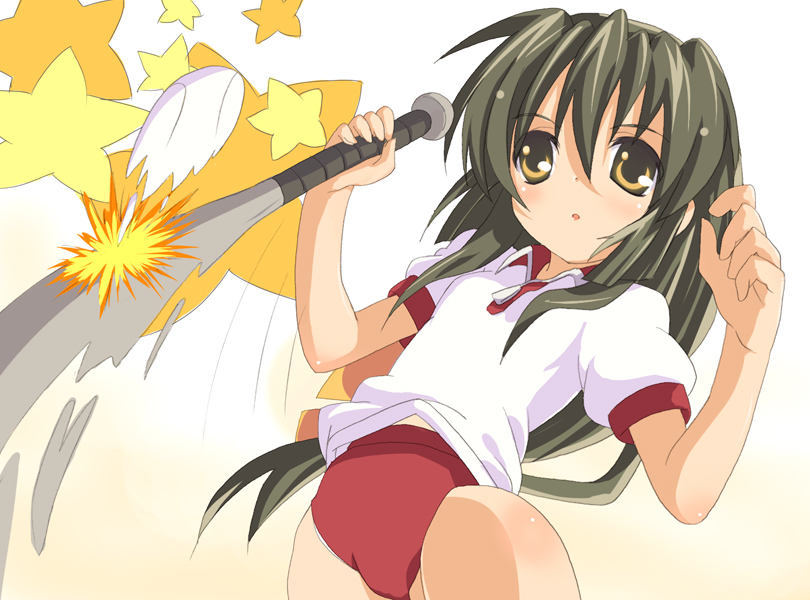 sora to umi, ibuki fuuko, clannad, 00s, baseball bat, black hair, buruma, gym uniform, long hair, orange eyes, solo, star (symbol)