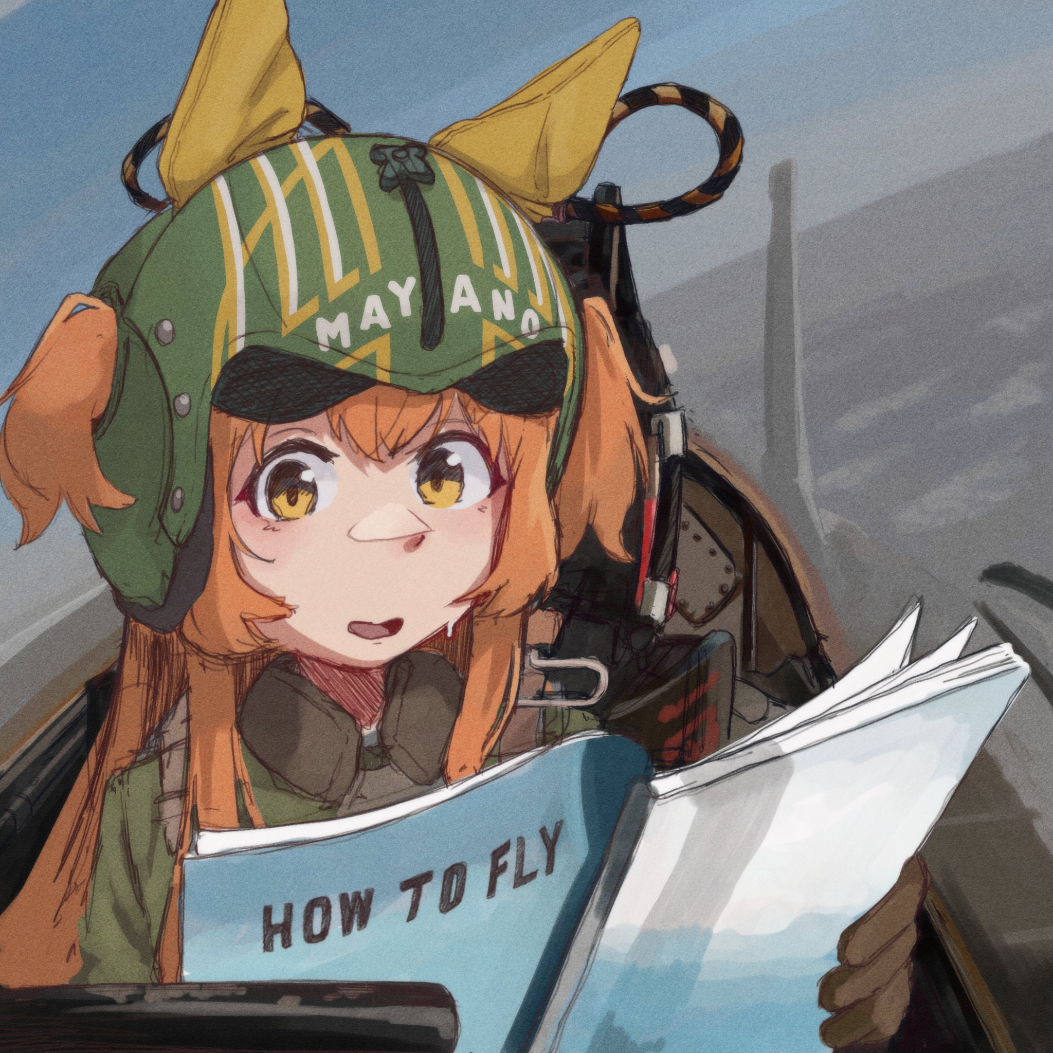 ram (p searam), mayano top gun (scramble zone) (umamusume), mayano top gun (umamusume), umamusume, highres, photo-referenced, 1girl, aircraft, airplane, animal ears, blush, bomber jacket, book, brown gloves, cockpit, ear covers, ears through headwear, fighter jet, flying, gloves, green jacket, hair between eyes, helmet, holding, holding book, horse ears, horse girl, instruction manual, jacket, long hair, long sleeves, meme, military vehicle, open mouth, orange eyes, orange hair, reading, sky, solo, sweatdrop