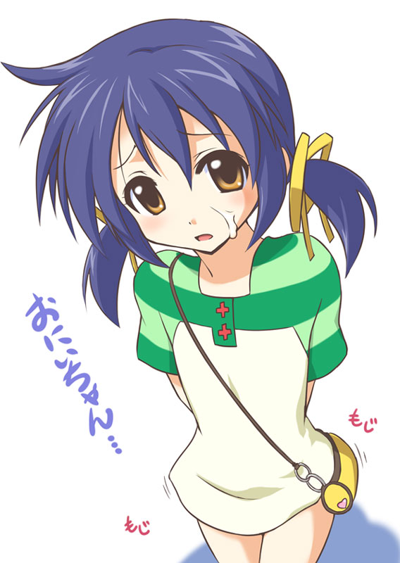 mikagami sou, sunohara mei, clannad, 00s, 1girl, bag, blue hair, bottomless, brown eyes, cum, cum on body, facial, female focus, handbag, loli, orange eyes, raglan sleeves, ribbon, shirt, solo, twintails