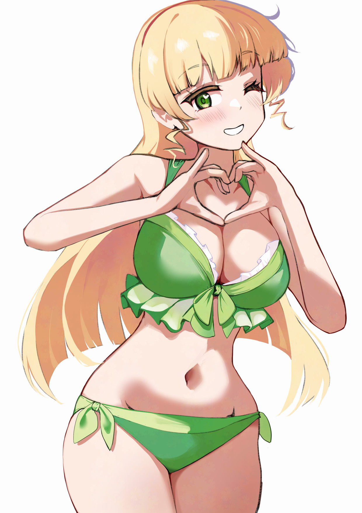 pisagi, heanna sumire, love live!, love live! superstar!!, highres, 1girl, ;d, bikini, blonde hair, blunt bangs, blunt ends, blush, breasts, cowboy shot, green bikini, green eyes, grin, heart, heart-shaped pupils, heart hands, large breasts, long hair, looking at viewer, navel, one eye closed, open mouth, simple background, smile, solo, standing, swimsuit, symbol-shaped pupils, teeth, white background