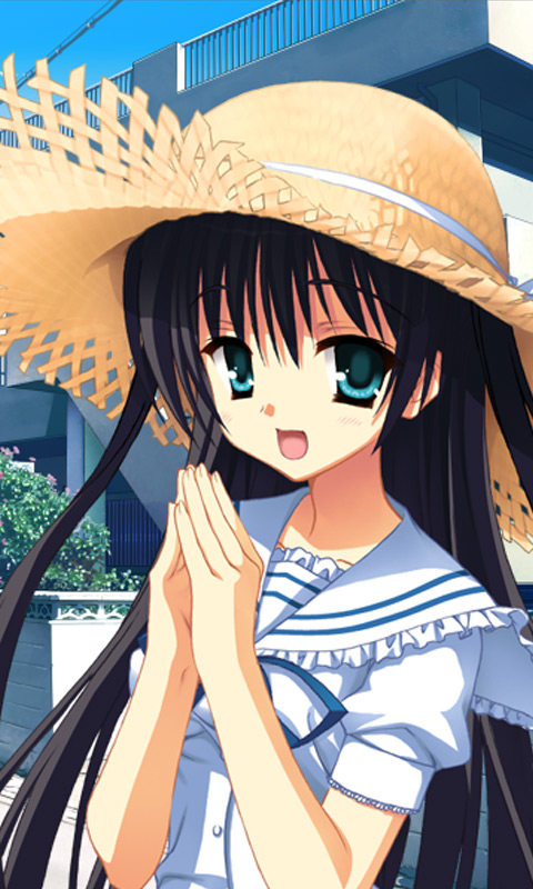 kobuichi, muririn, kousaka chihaya, natsuzora kanata, non-web source, 1girl, black hair, blue eyes, female focus, frills, green eyes, hat, long hair, open mouth, own hands together, sailor collar, school uniform, serafuku, smile, solo, straw hat