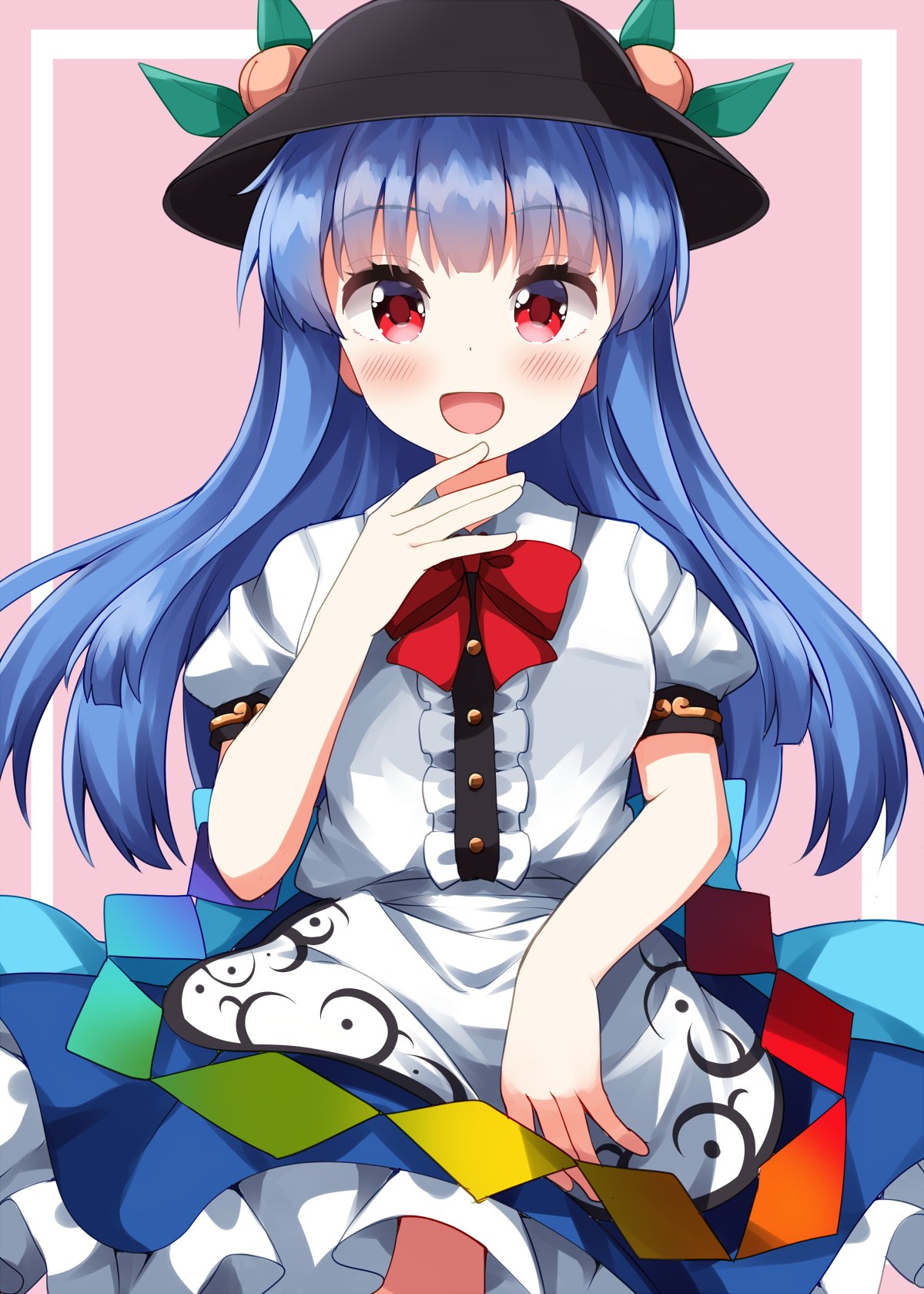 ruu (tksymkw), hinanawi tenshi, touhou, commentary request, highres, 1girl, :d, alternate hairstyle, apron, black hat, blue hair, blue skirt, blunt bangs, blush, bow, bowtie, center frills, collared shirt, cowboy shot, frilled skirt, frills, hand up, hat, long hair, looking at viewer, open mouth, peach hat ornament, pink background, red bow, red bowtie, red eyes, shirt, short sleeves, skirt, smile, solo, waist apron, white apron, white shirt