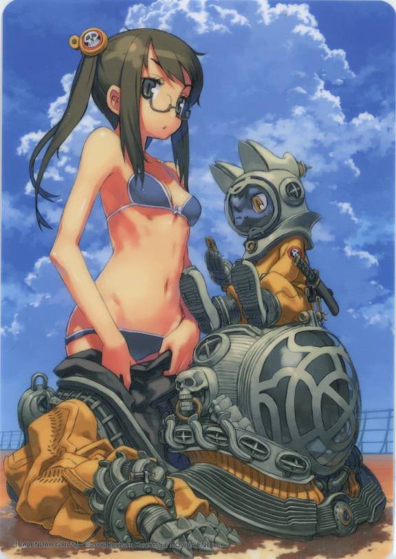 kuroboshi kouhaku, jpeg artifacts, non-web source, bikini, blue eyes, brown hair, cat, diving suit, flat chest, glasses, solo, swimsuit, twintails