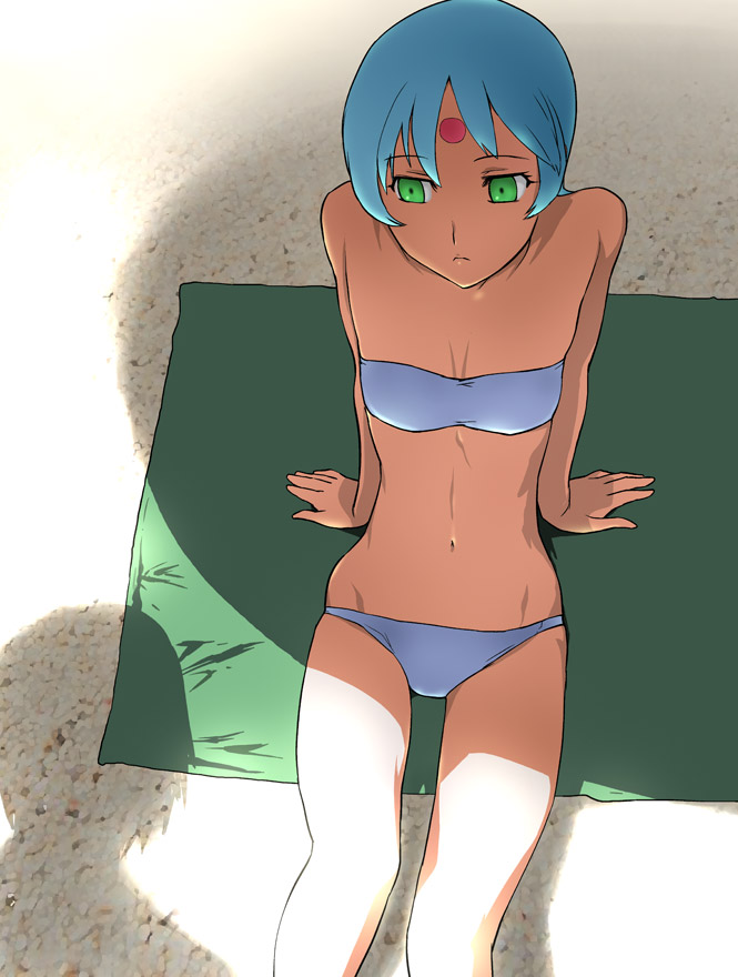 ueyama michirou, ryss, zoids, zoids chaotic century, 1girl, arm support, bandeau, bare shoulders, beach, bikini, blue hair, facial mark, female focus, flat chest, forehead mark, green eyes, lowleg, lowleg bikini, short hair, sitting, solo, strapless, swimsuit, tube top, white bikini