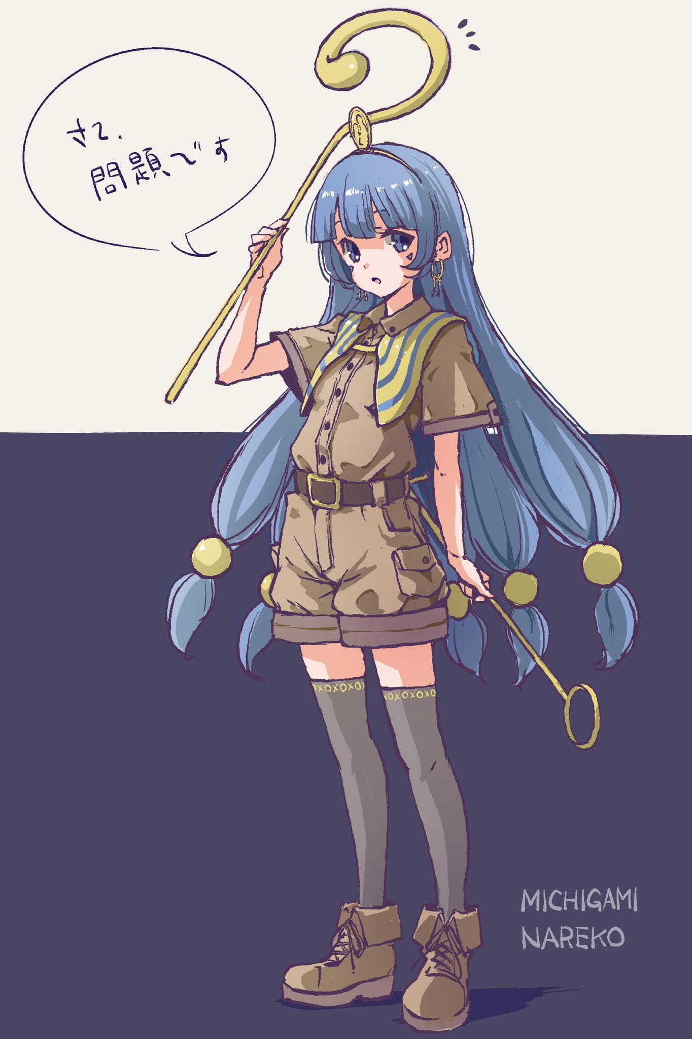 satyuas, michigami nareko, touhou, highres, 1girl, belt, black thighhighs, blue background, blue eyes, blue hair, blunt bangs, brown belt, brown shirt, brown shorts, buttons, character name, collared shirt, earrings, facial mark, hair ornament, holding, holding staff, jewelry, key earrings, long hair, looking to the side, pocket, shirt, short sleeves, shorts, solo, sphere hair ornament, staff, thighhighs, triangle, triangle facial mark, two-tone background, white background