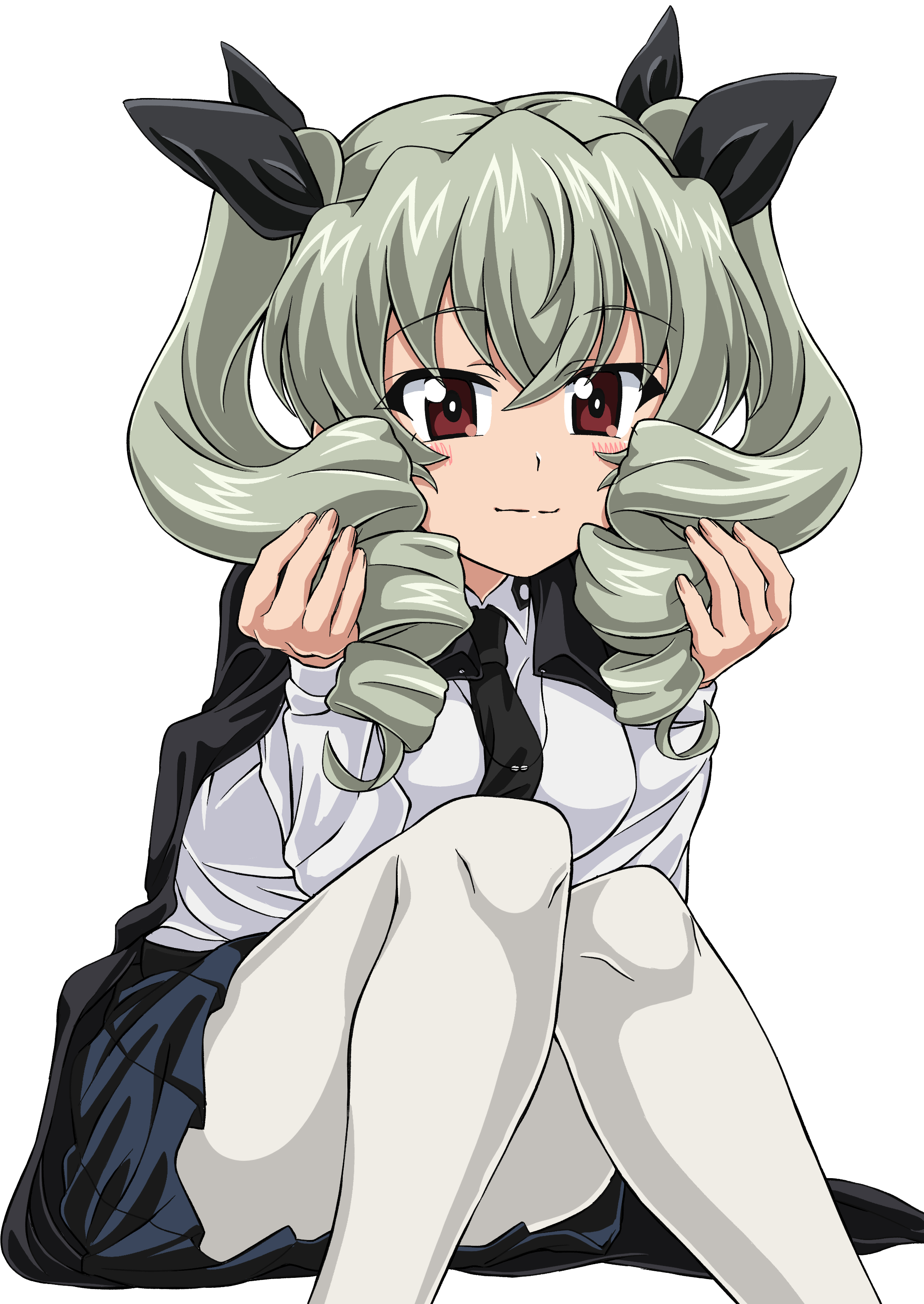 9s0ykoyama117, anchovy (girls und panzer), girls und panzer, 1girl, anzio school uniform, blush, breasts, brown eyes, closed mouth, drill hair, green hair, hair ribbon, long hair, looking at viewer, medium breasts, pantyhose, ribbon, school uniform, simple background, smile, solo, twin drills, twintails, white background, white pantyhose