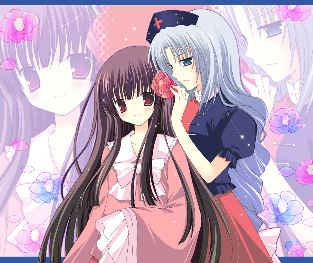 shirogane hina, houraisan kaguya, yagokoro eirin, touhou, silver hair, 2girls, blue eyes, bow, braid, brown hair, camellia, female focus, flower, hair ribbon, hat, hina, letterboxed, long hair, multiple girls, petals, red eyes, ribbon, single braid, very long hair, yuri, zoom layer