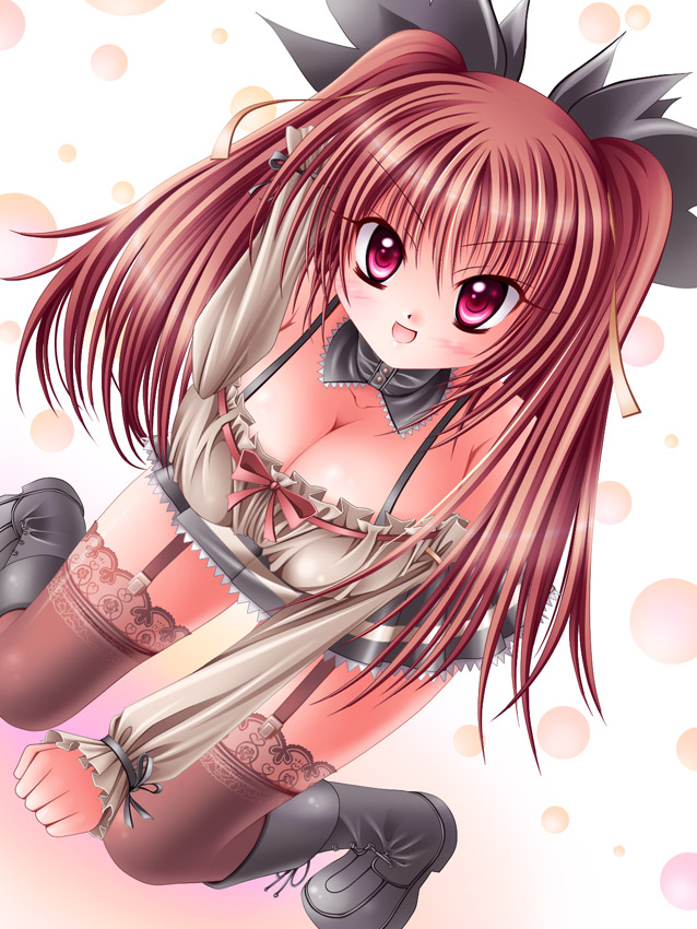 kogarashi, kogarashi (wind of winter), original, 1girl, :d, black thighhighs, blush, boots, breasts, cleavage, dress, female focus, garter straps, hair ribbon, knee boots, kneeling, large breasts, long hair, open mouth, red eyes, red hair, ribbon, smile, solo, thighhighs, twintails