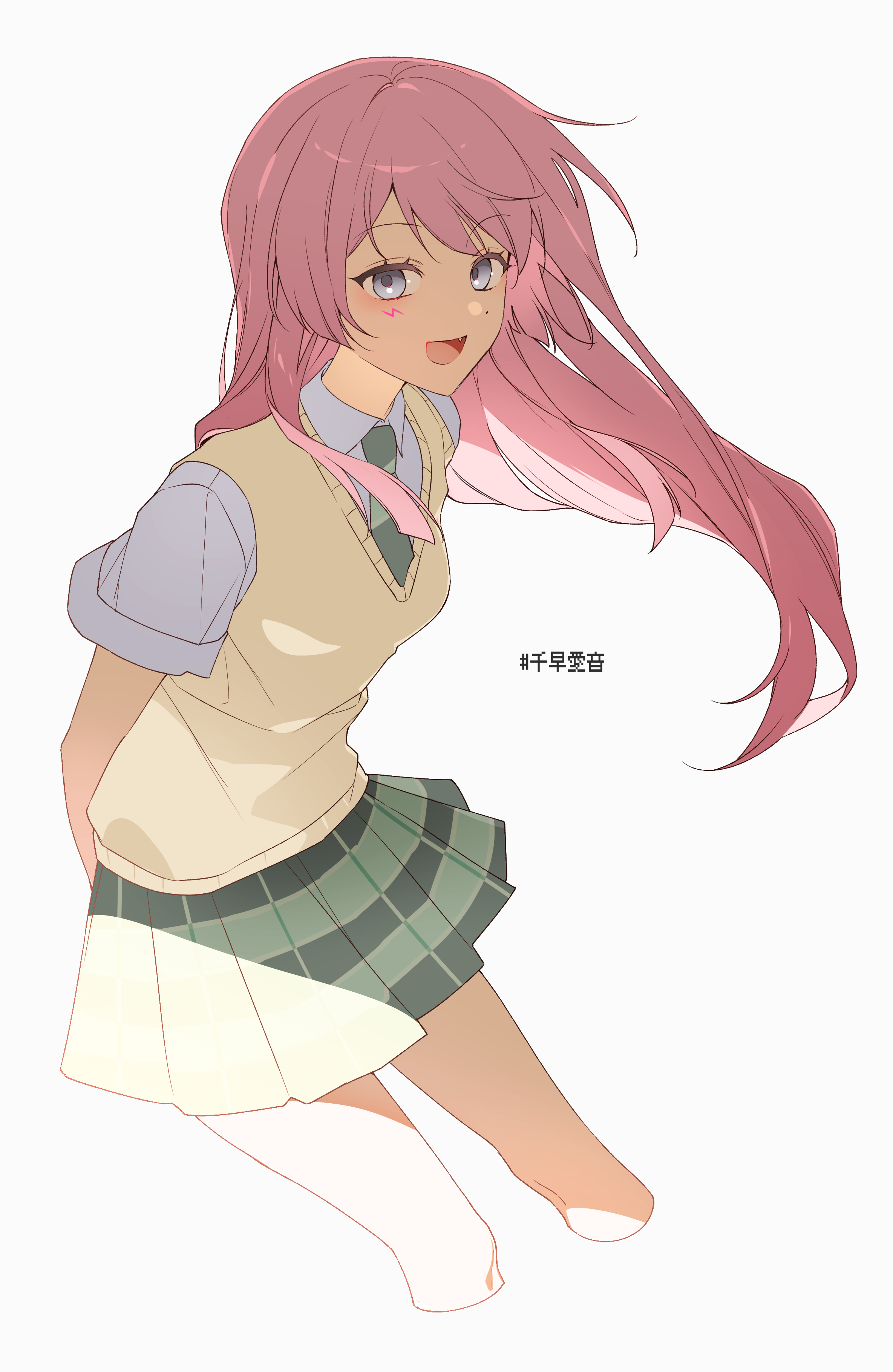 mikan (migwang), chihaya anon, bang dream!, bang dream! it's mygo!!!!!, absurdres, commentary, highres, translated, 1girl, arms behind back, blush, brown sweater vest, character name, fang, green necktie, green skirt, haneoka school uniform, long hair, looking at viewer, necktie, open mouth, pink hair, pleated skirt, school uniform, shirt, simple background, skirt, solo, sweater vest, white background, white shirt