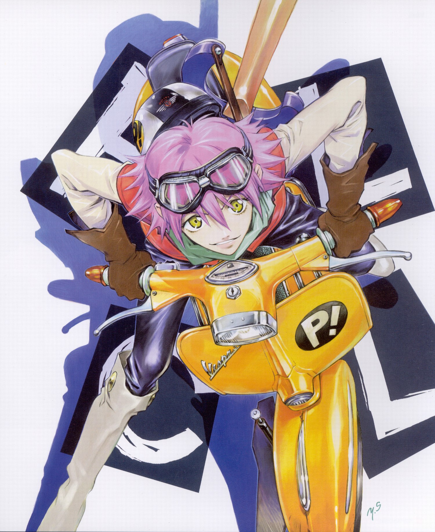 sadamoto yoshiyuki, haruhara haruko, flcl, vespa, vehicle, cleaned, highres, non-web source, official art, 00s, 1girl, bass guitar, boots, female focus, from above, gloves, goggles, goggles on head, helmet, instrument, looking at viewer, motor vehicle, pink hair, scooter, smirk, solo, yellow eyes