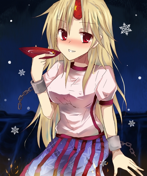 hane riu, hoshiguma yuugi, touhou, bad id, bad pixiv id, 1girl, blonde hair, blush, breasts, chain, cup, drink, female focus, horns, long hair, medium breasts, red eyes, sakazuki, single horn, snow, solo
