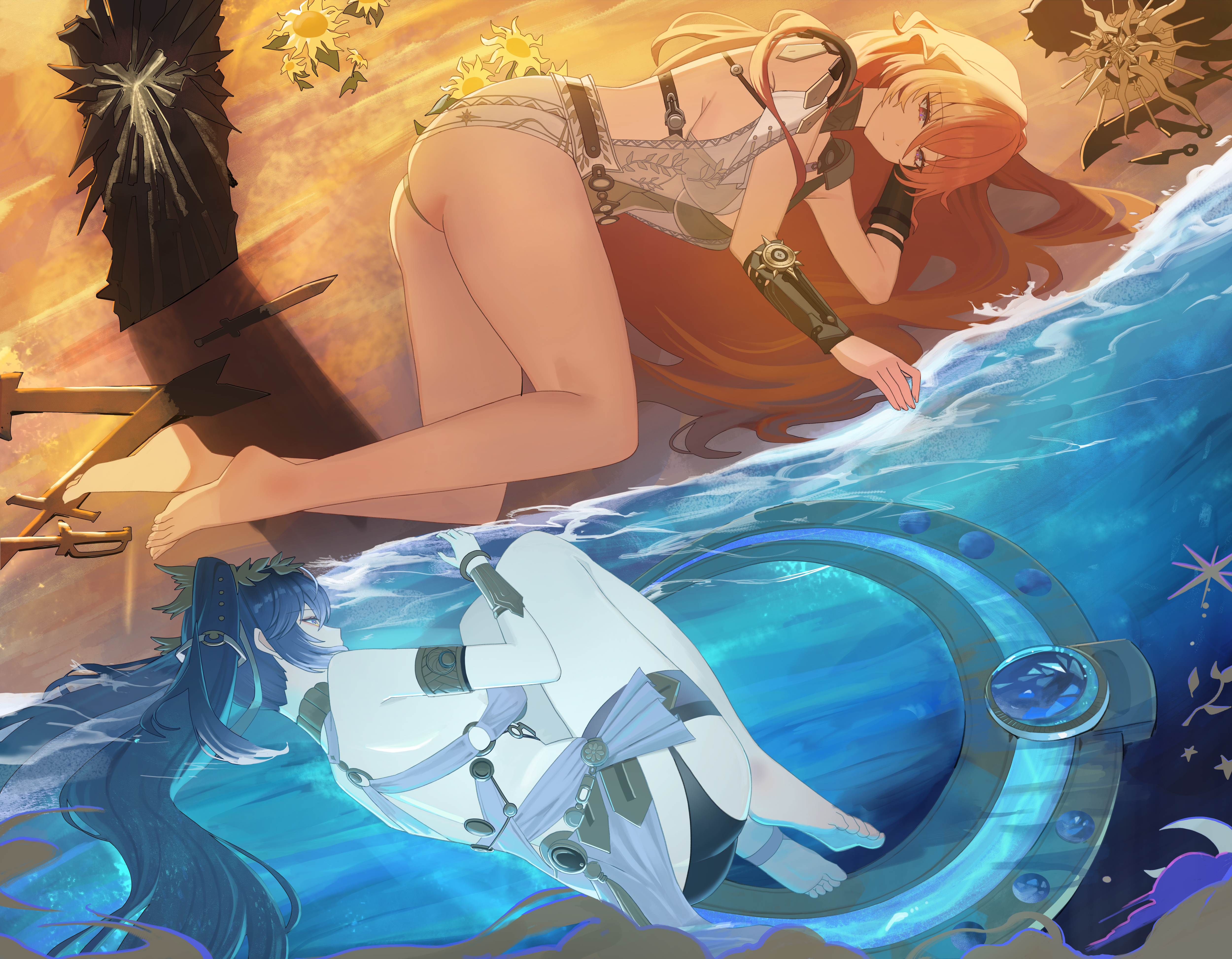 oro (lsg0624), augusta (wuthering waves), iuno (wuthering waves), wuthering waves, absurdres, commentary, english commentary, highres, 2girls, adapted costume, ancient greek clothes, arm armor, armlet, armor, ass, bare legs, bare shoulders, barefoot, black collar, black panties, blue hair, breastplate, breasts, collar, dress, greatsword, greco-roman clothes, jewelry, laurel crown, legs, long hair, lying, medium breasts, multiple girls, on side, orange hair, panties, planted, planted sword, planted weapon, red eyes, split theme, sword, thighs, underwear, vambraces, weapon, white dress