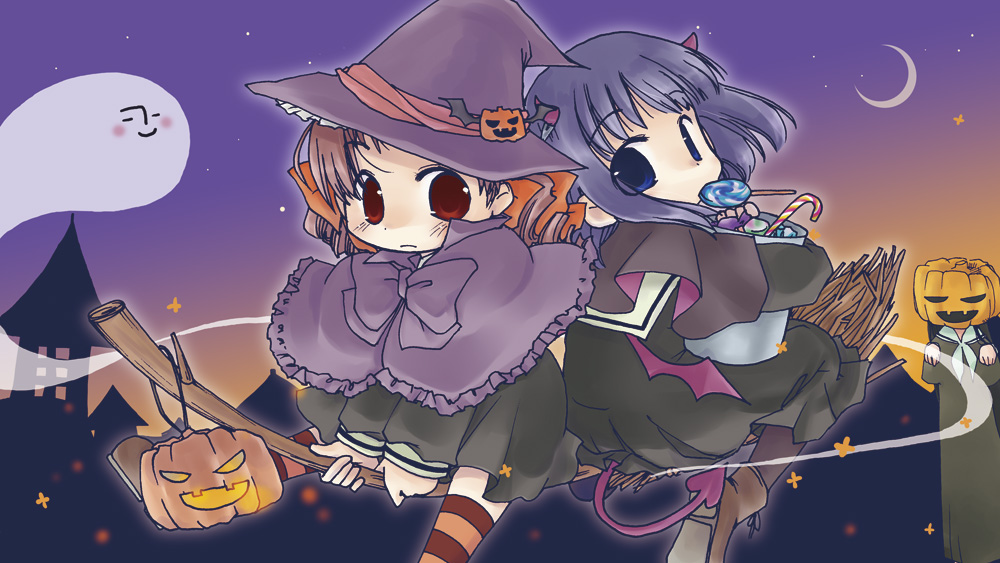 makiemon, matsudaira touko, nijou noriko, maria-sama ga miteru, 00s, broom, candy, halloween, witch