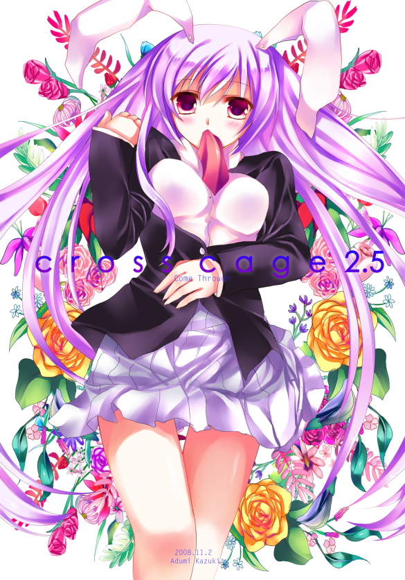 azumi kazuki, reisen udongein inaba, touhou, 1girl, animal ears, blush, breasts, business suit, female focus, flower, formal clothes, long hair, mouth hold, purple eyes, purple hair, rabbit ears, skirt, skirt suit, solo, suit