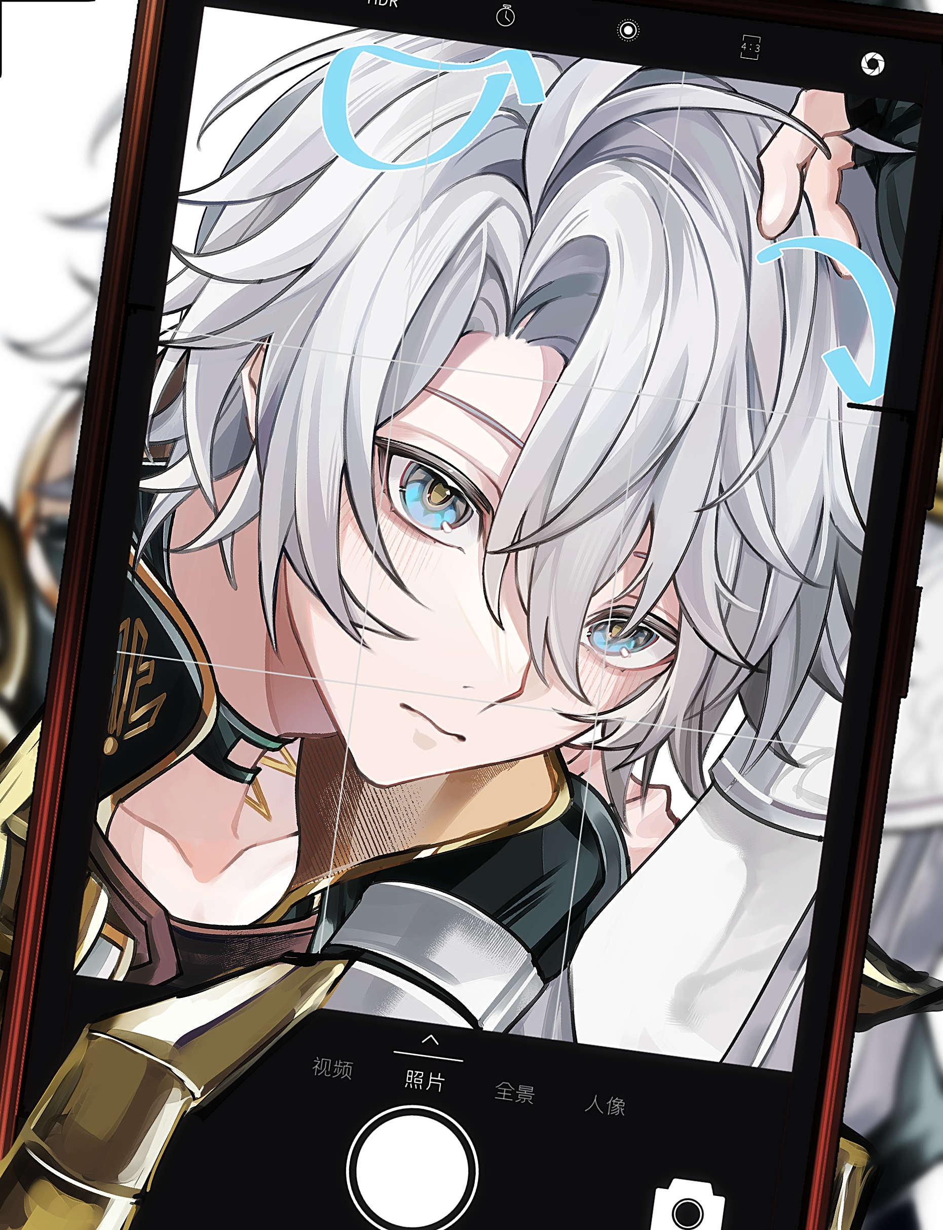 mydei (honkai: star rail), phainon (honkai: star rail), honkai: star rail, honkai (series), absurdres, chinese commentary, commentary request, highres, 2boys, antenna hair, black choker, black gloves, black shirt, blue eyes, cellphone, choker, clawed gauntlets, coat, drawn ears, fingerless gloves, gloves, holding, holding phone, male focus, multiple boys, neck tattoo, parted bangs, phone, shirt, short hair, single glove, smartphone, solo focus, suer2230, taking picture, tattoo, viewfinder, white coat, white hair