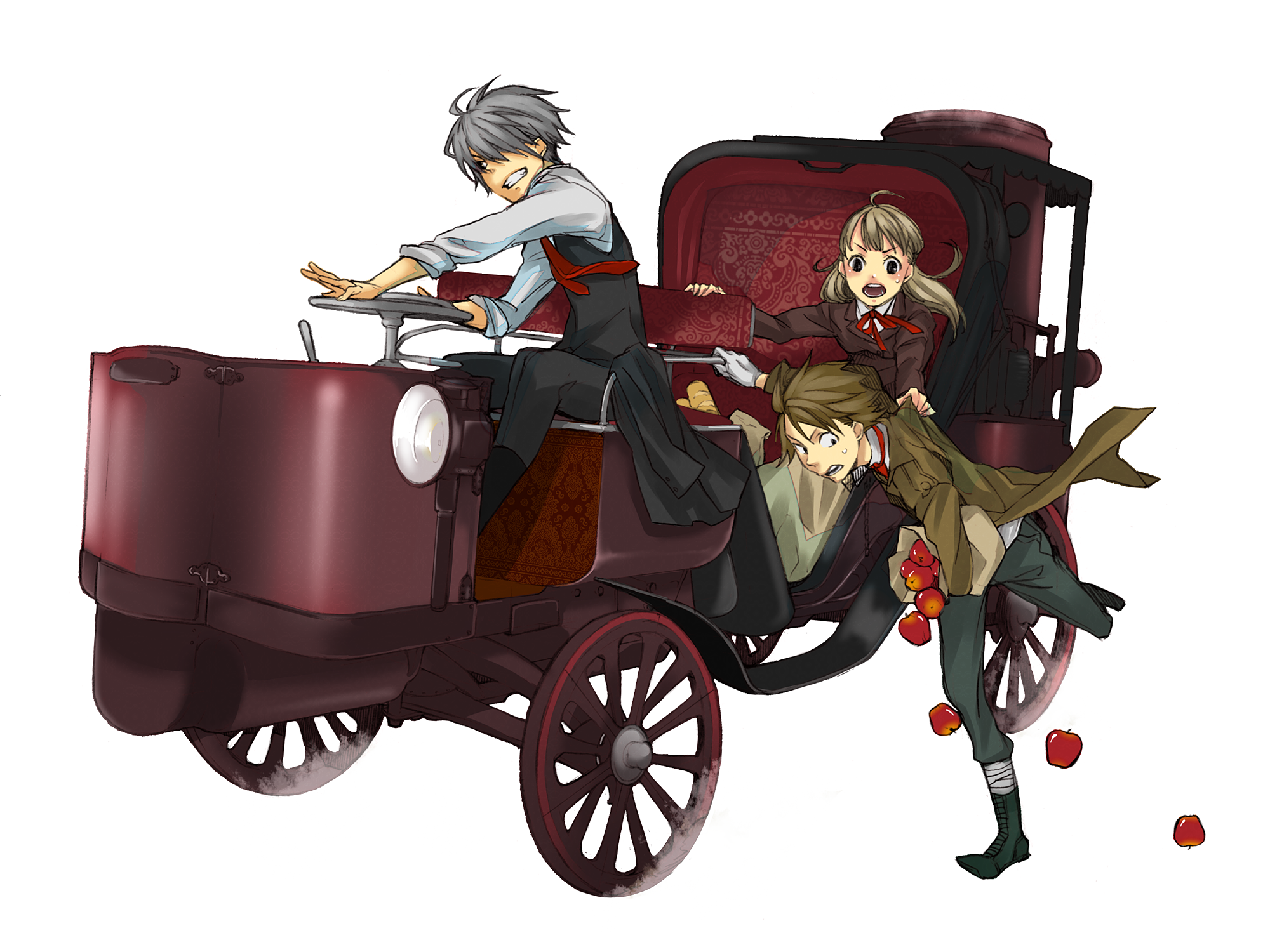 todoroki sora, original, silver hair, bad id, highres, 1girl, 2boys, apple, brown hair, car, food, fruit, motor vehicle, multiple boys, steampunk, vehicle focus, victorian