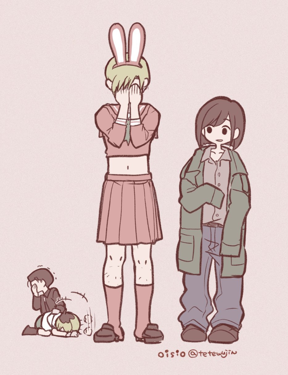 oisiso, harry mason, heather mason, james sunderland, shimizu hinako, silent hill (series), silent hill 2, silent hill f, highres, animal ear hairband, animal ears, artist name, blonde hair, blue pants, brown hair, brown shoes, collared shirt, cosplay, crossdressing, crossdressing (mtf), fake animal ears, father and daughter, full body, green jacket, grey background, grey shirt, hairband, hand on another's back, hand over face, hands on own face, hood, hoodie, jacket, james sunderland (cosplay), laughing, leg hair, midriff, navel, pants, parted lips, pink sailor collar, pink serafuku, pink shirt, pink skirt, pink socks, pleated skirt, rabbit ears, sailor collar, school uniform, serafuku, shimizu hinako (cosplay), shirt, shoes, silent hill 1, skirt, sleeves past fingers, sleeves past wrists, socks, standing, trembling, twitter username, white hoodie