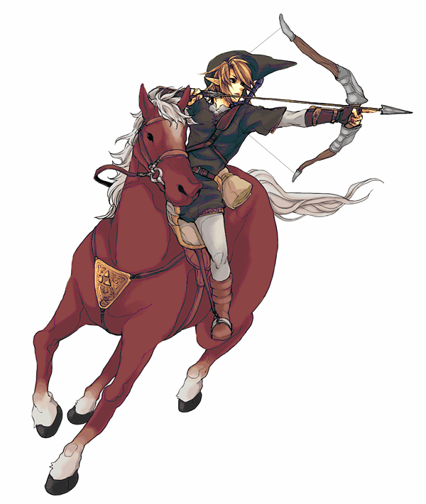 todoroki sora, epona, link, nintendo, the legend of zelda, 1boy, animal, blonde hair, boots, bow (weapon), brown boots, drawing bow, holding, holding bow (weapon), holding weapon, horse, layered sleeves, long sleeves, male focus, mounted archery, pointy ears, short over long sleeves, short sleeves, simple background, solo, swept bangs, weapon, weapon on back, white background