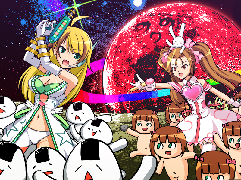 hoshii miki, minase iori, nonowa, onigiri (ascii art), idolmaster, idolmaster (classic), idolmaster 1, 00s, 6+girls, alternate hairstyle, bike shorts, blonde hair, breasts, brown hair, cleavage, elbow gloves, food, gloves, green eyes, gun, midriff, mochi, multiple girls, red eyes, space, twintails, wagashi, weapon