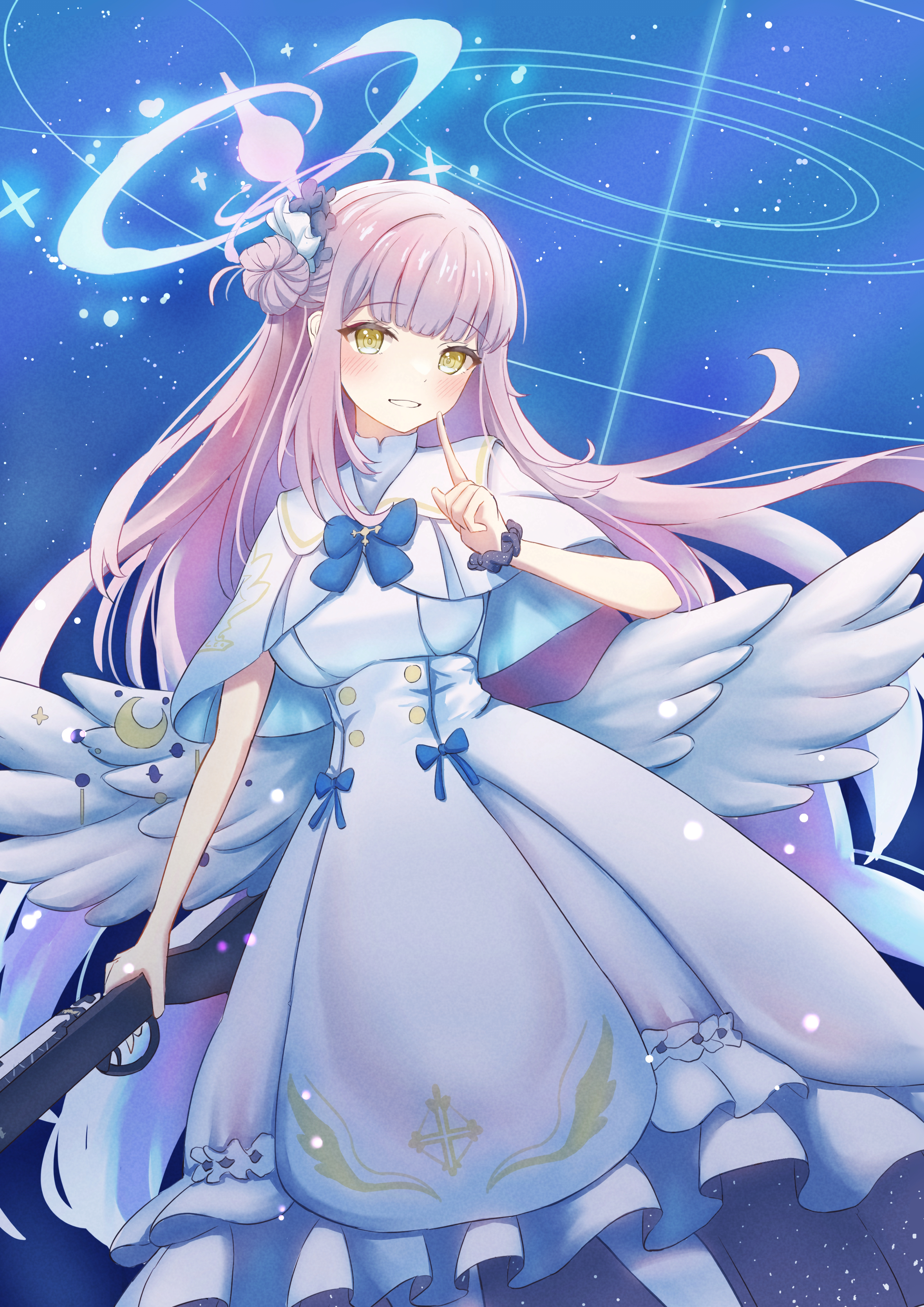 p-tomi, mika (blue archive), blue archive, absurdres, highres, 1girl, angel wings, blue bow, blush, bow, breasts, capelet, dress, feathered wings, flower, gold trim, gun, hair bun, hair flower, hair ornament, halo, holding, holding gun, holding weapon, index finger raised, lanchester smg, long hair, looking at viewer, low wings, medium breasts, parted lips, pink hair, pink halo, scrunchie, single hair bun, single side bun, solo, submachine gun, very long hair, weapon, white capelet, white dress, white overskirt, white wings, wing ornament, wings, wrist scrunchie, yellow eyes