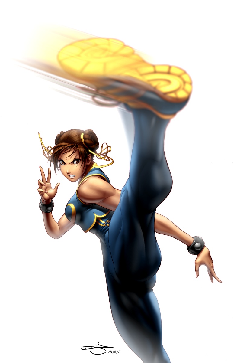 omar dogan, chun-li, capcom, street fighter, street fighter ii (series), street fighter zero (series), street fighter zero i, highres, official art, 1990s (style), 1girl, abs, angry, bodysuit, breasts, brown eyes, brown hair, china dress, chinese clothes, cropped jacket, double bun, dress, female focus, hair bun, high kick, huge breasts, kicking, large breasts, leotard, lips, makeup, motion blur, muscular, retro artstyle, shoes, short hair, signature, skin tight, sneakers, solo, thick thighs, thighs, unitard