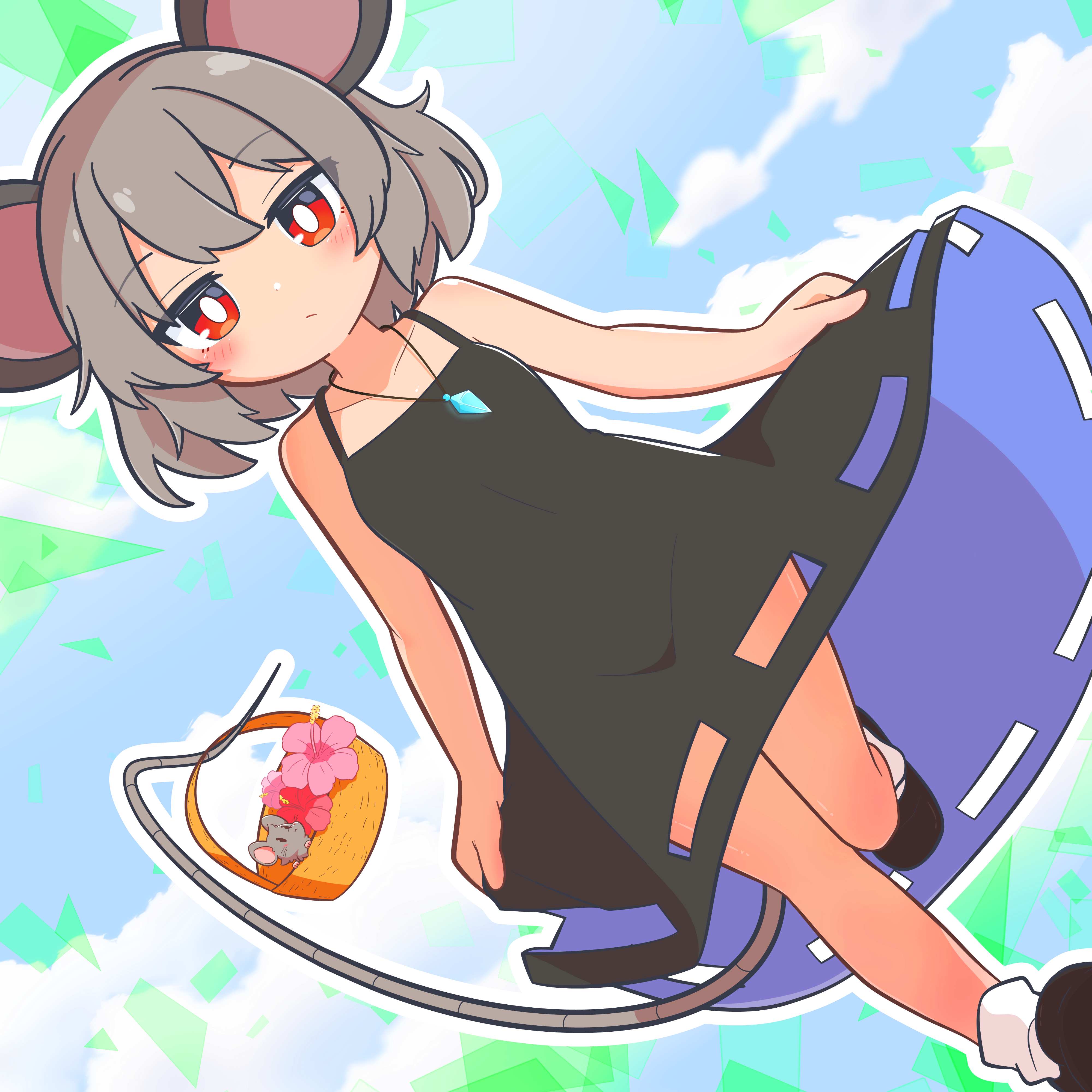 newbear, nazrin, touhou, absurdres, highres, 1girl, alternate costume, animal, animal ear fluff, animal ears, bare arms, bare shoulders, basket, black dress, collarbone, crystal, dress, eyes visible through hair, flower, full body, grey hair, hair between eyes, jewelry, looking ahead, looking at another, looking at viewer, mouse (animal), mouse ears, mouse girl, mouse tail, necklace, pink flower, prehensile tail, red eyes, short hair, skirt hold, sleeveless, sleeveless dress, tail