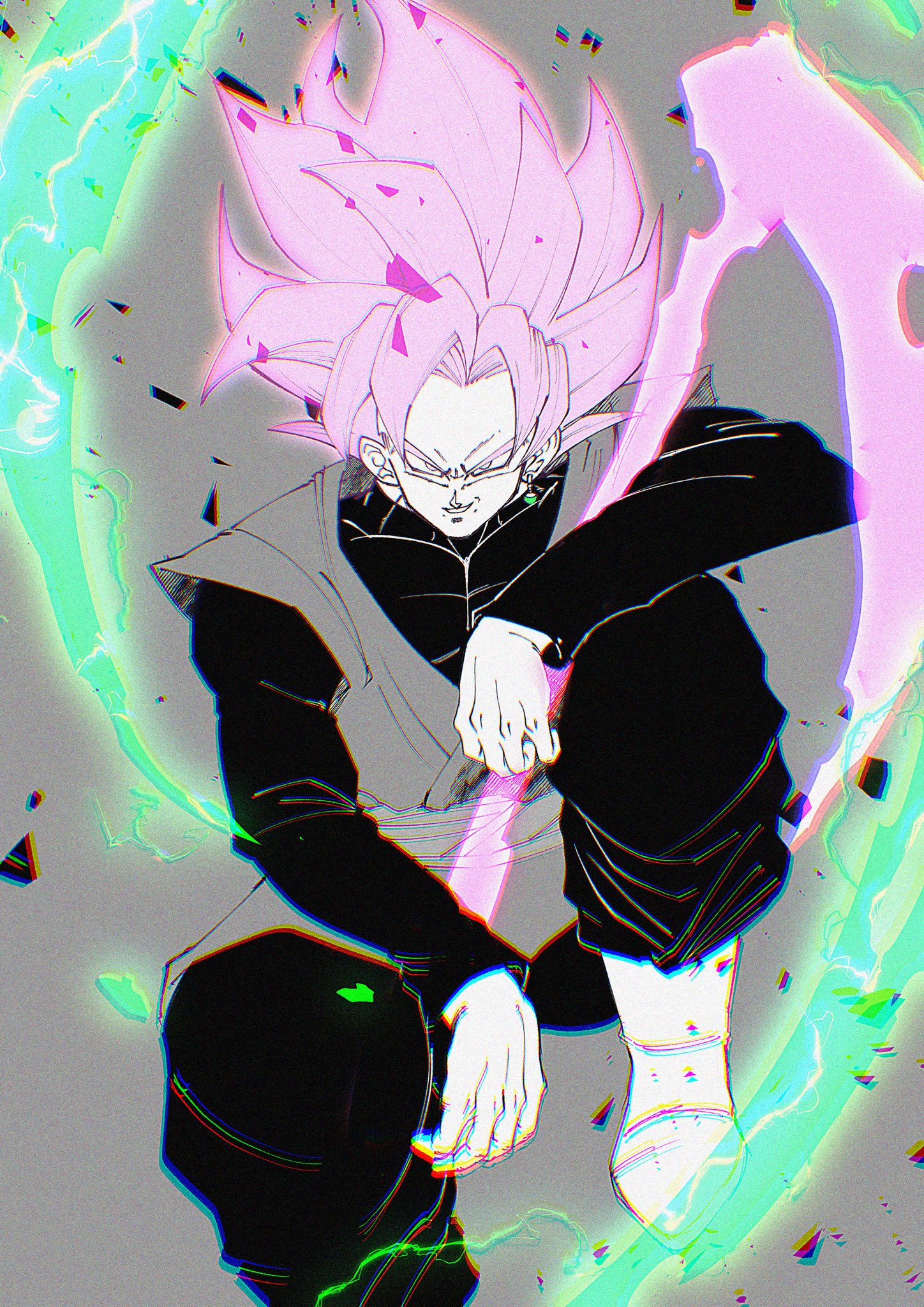 stktik09060906, goku black, dragon ball, dragon ball super, highres, 1boy, boots, dougi, earrings, grey background, jewelry, limited palette, male focus, medium hair, partially colored, pink eyes, pink hair, simple background, single earring, sitting, solo, spiked hair, super saiyan, super saiyan rose, tunic