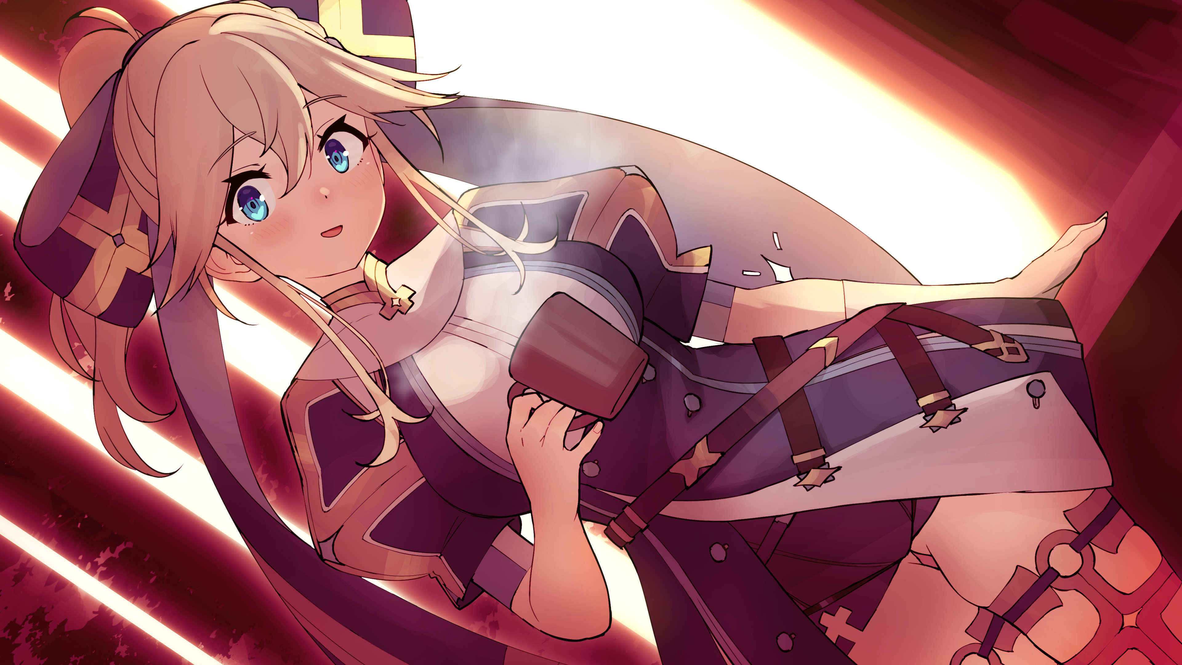 nyama, armed fantasia, absurdres, commentary request, commission, highres, pixiv commission, 1girl, :d, alicia fairhead, backlighting, black shorts, blue dress, blue eyes, bow, breasts, brown hair, cup, dress, dutch angle, gluteal fold, hair between eyes, hair bow, holding, holding cup, large breasts, looking at viewer, mug, open mouth, ponytail, purple bow, shorts, smile, solo, thigh gap