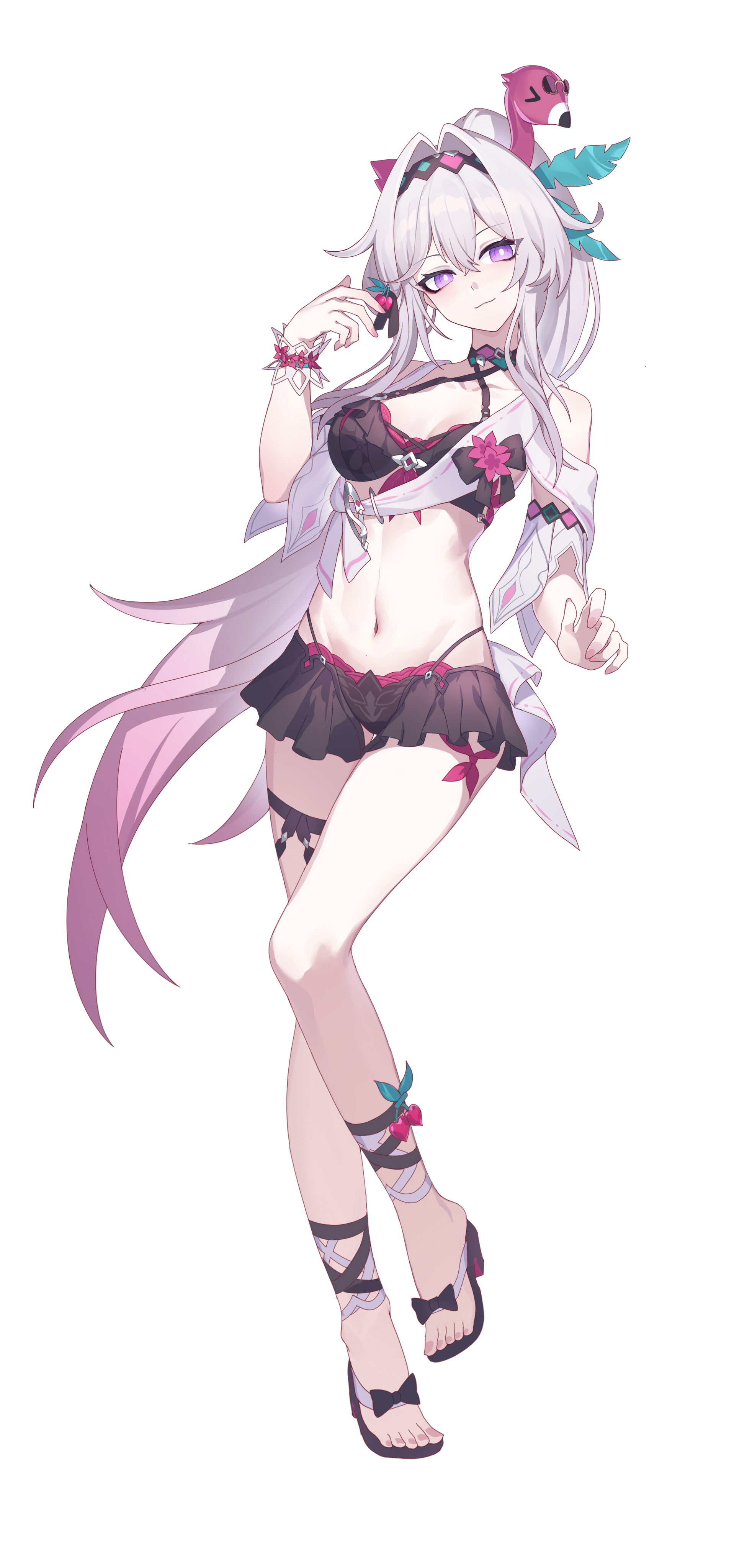 kather, thelema nutriscu, thelema nutriscu (roseate summer), honkai (series), honkai impact 3rd, absurdres, commentary, highres, 1girl, bare shoulders, bikini, bikini skirt, black bikini, black hairband, black skirt, breasts, bright pupils, closed mouth, fingernails, full body, gradient hair, hair between eyes, hair intakes, hair ornament, hairband, hand up, linea alba, long hair, looking at viewer, medium breasts, multicolored hair, navel, official alternate costume, pink hair, ponytail, purple eyes, sandals, simple background, skirt, smile, solo, stomach, swimsuit, thighs, very long hair, white background, white hair, white pupils