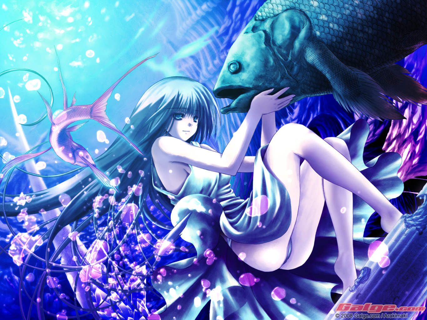 araki maki, galge.com, 1girl, 2008, animal, blue eyes, blue hair, bubble, female focus, fish, long hair, matching hair/eyes, panties, solo, underwater, underwear, water