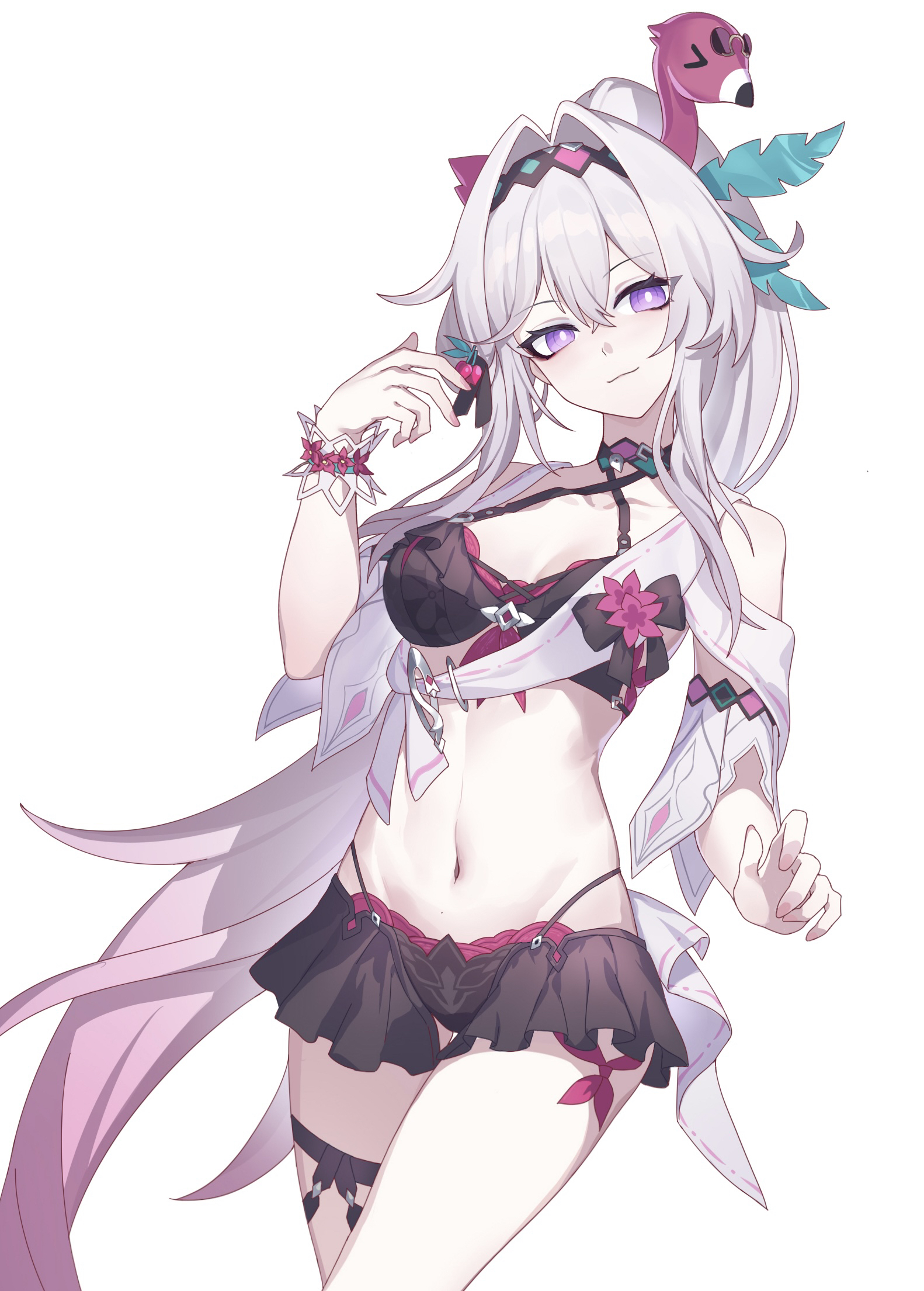 kather, thelema nutriscu, thelema nutriscu (roseate summer), honkai (series), honkai impact 3rd, commentary, highres, 1girl, bare shoulders, bikini, bikini skirt, black bikini, black hairband, black skirt, breasts, bright pupils, closed mouth, cowboy shot, fingernails, gradient hair, hair between eyes, hair intakes, hair ornament, hairband, hand up, linea alba, long hair, looking at viewer, medium breasts, multicolored hair, navel, official alternate costume, pink hair, ponytail, purple eyes, simple background, skirt, smile, solo, stomach, swimsuit, thighs, very long hair, white background, white hair, white pupils